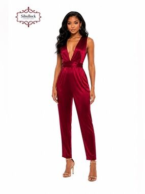 Deep V-Neck Satin Jumpsuit in Wine Red